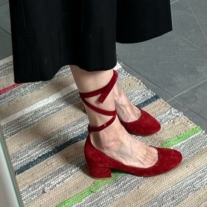 Gianvito Rossi Orange-Red Suede Block Heel Pumps w/ Lace-up Ankle Straps